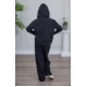 طقم بناتي أنيق قطعتين لون أسود مع قبعة هودي و أكمام طويلة  مع سحاب أمامي و بنطلون بجيوب و مطاط من الأسفل