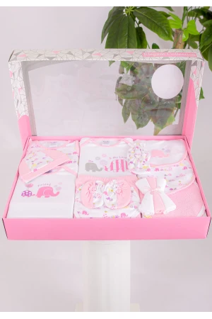 طقم هدايا مواليد 14 قطعة لون وردي وأبيض مزينة برسومات كرتونية