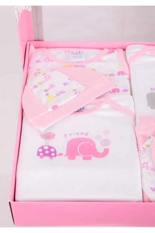 طقم هدايا مواليد 14 قطعة لون وردي وأبيض مزينة برسومات كرتونية