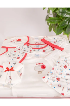 طقم هدايا مواليد 14 قطعة لون أحمر وأبيض مزينة برسومات كرتونية