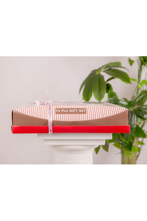 طقم هدايا مواليد 14 قطعة لون أحمر وأبيض مزينة برسومات كرتونية