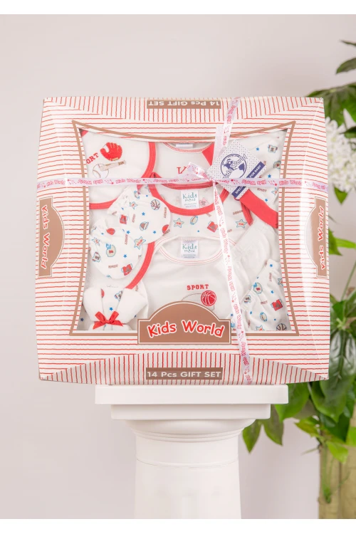 طقم هدايا مواليد 14 قطعة لون أحمر وأبيض مزينة برسومات كرتونية