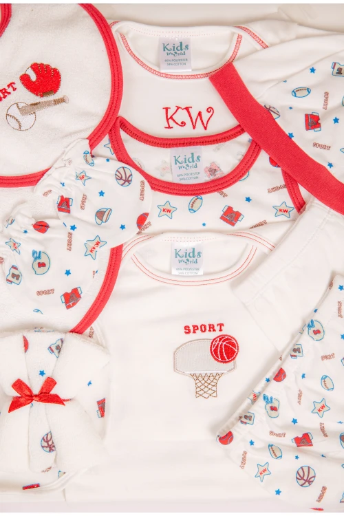 طقم هدايا مواليد 14 قطعة لون أحمر وأبيض مزينة برسومات كرتونية