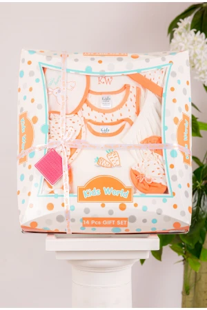 طقم هدايا مواليد 14 قطعة لون برتقالي وأبيض مزينة برسومات كرتونية