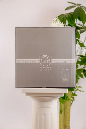 طقم هدايا مواليد 6 قطع لون بني وبيج مزينة برسومات كرتونية