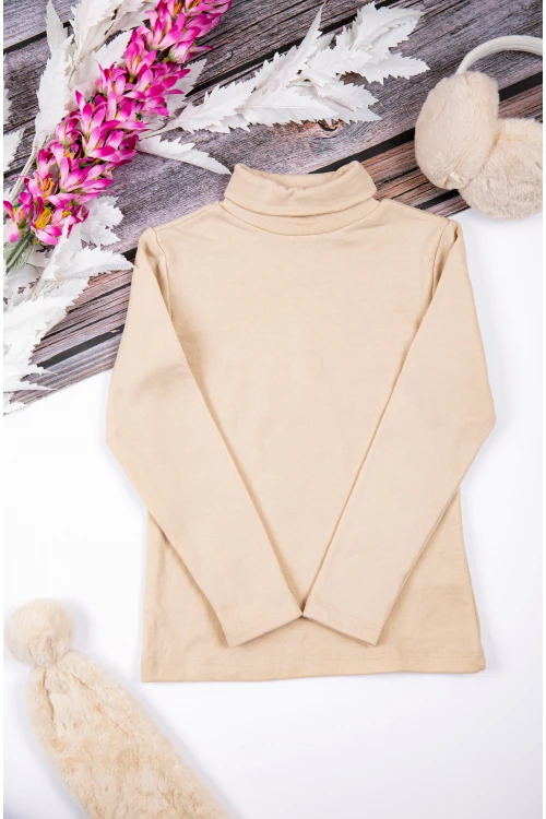 بلوزة أطفال شتوية لون بيج برقبة و أكمام طويلة