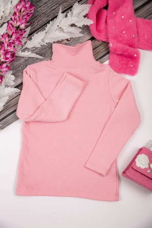 بلوزة أطفال شتوية لون وردي برقبة و أكمام طويلة