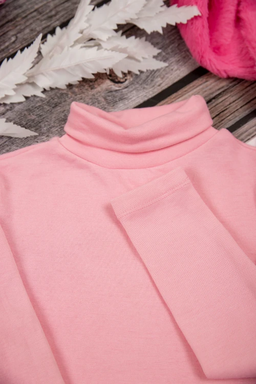 بلوزة أطفال شتوية لون وردي برقبة و أكمام طويلة