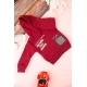 طقم قطعتين ولادي أطفال شتوي لون أحمر ورمادي بقبعة رأس وبأكمام طويلة ومطاط بالأسفل مزينة بكتابات
