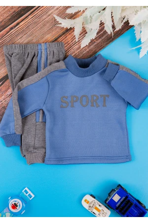 طقم قطعتين ولادي أطفال شتوي لون أزرق ورمادي أكمام طويلة ومطاط بالأسفل مزينة بكتابات من الأمام