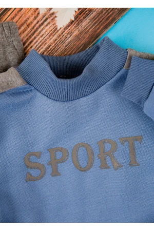 طقم قطعتين ولادي أطفال شتوي لون أزرق ورمادي أكمام طويلة ومطاط بالأسفل مزينة بكتابات من الأمام