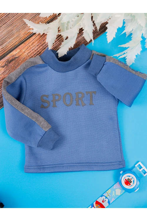 طقم قطعتين ولادي أطفال شتوي لون أزرق ورمادي أكمام طويلة ومطاط بالأسفل مزينة بكتابات من الأمام