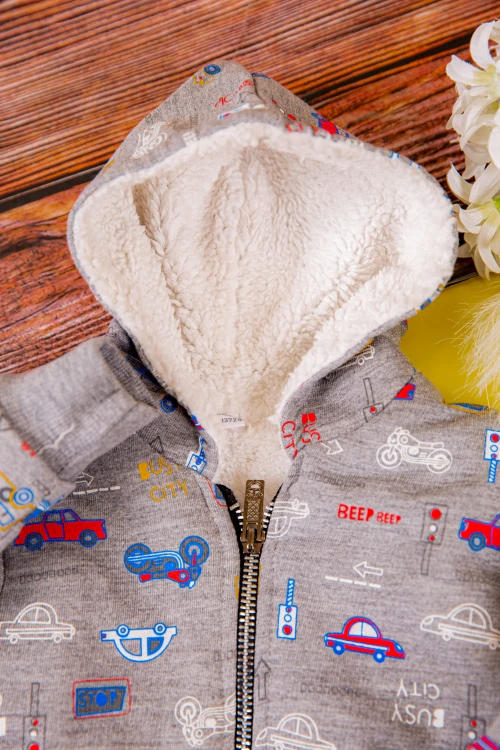 جاكيت ولادي أطفال بفرو من الداخل وقبعة رأس وسحاب من الأمام مزينة برسومات كرتونية