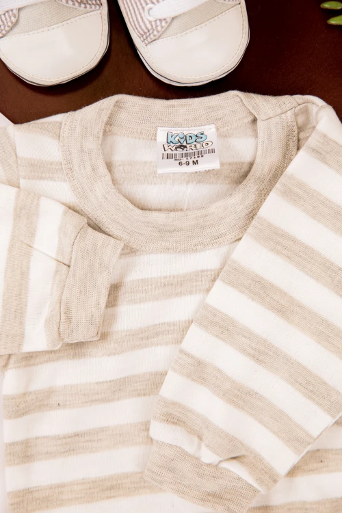 بربتوز أطفال مخطط لون أبيض وأسود  كم طويل بمطاط وأزرار من الأسفل