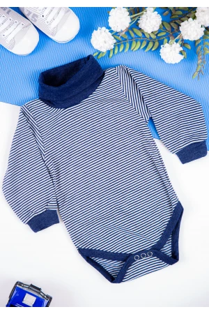 بربتوز أطفال بياقه رقبة مخطط لون أبيض وأزرق  كم طويل بمطاط وأزرار من الأسفل