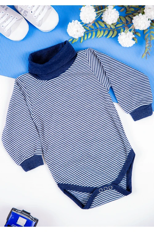 بربتوز أطفال بياقه رقبة مخطط لون أبيض وأزرق  كم طويل بمطاط وأزرار من الأسفل