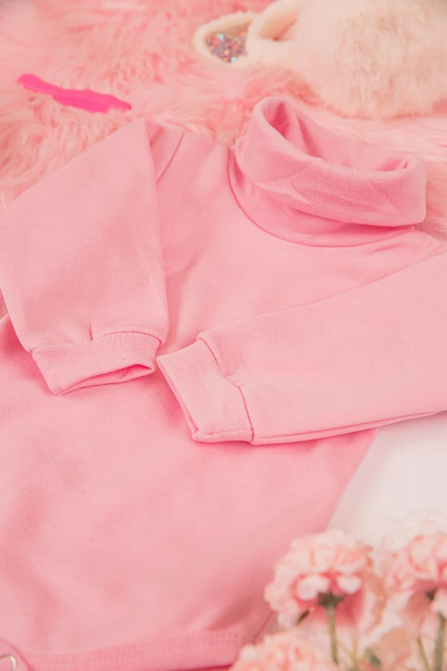 بربتوز أطفال بياقه رقبة لون وردي كم طويل بمطاط وأزرار من الأسفل