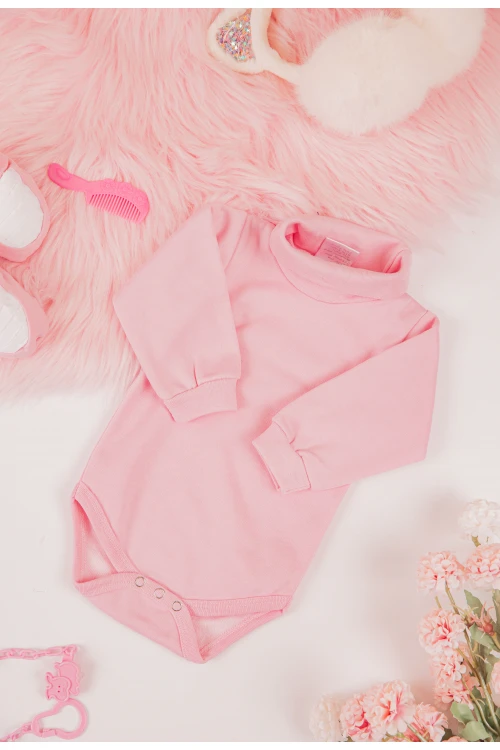 بربتوز أطفال بياقه رقبة لون وردي كم طويل بمطاط وأزرار من الأسفل