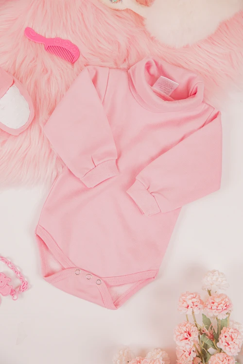 بربتوز أطفال بياقه رقبة لون وردي كم طويل بمطاط وأزرار من الأسفل