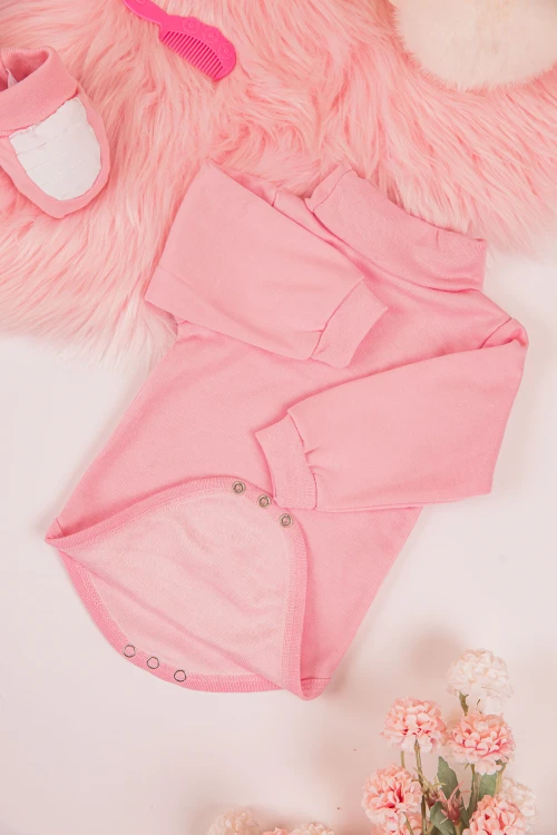 بربتوز أطفال بياقه رقبة لون وردي كم طويل بمطاط وأزرار من الأسفل