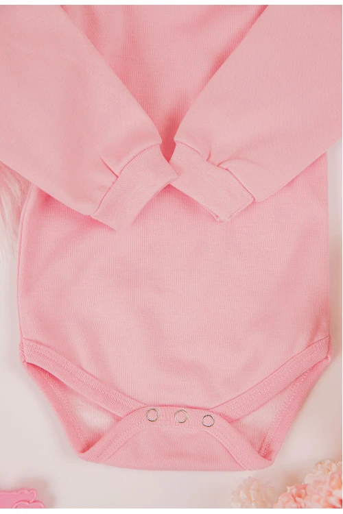 بربتوز أطفال بياقه رقبة لون وردي كم طويل بمطاط وأزرار من الأسفل