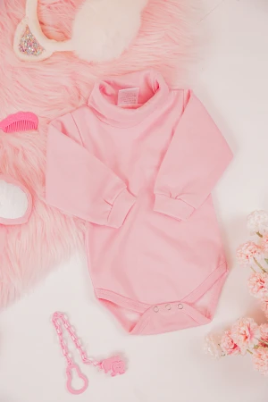 بربتوز أطفال بياقه رقبة لون وردي كم طويل بمطاط وأزرار من الأسفل