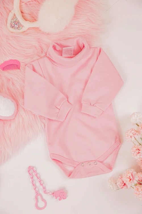 بربتوز أطفال بياقه رقبة لون وردي كم طويل بمطاط وأزرار من الأسفل