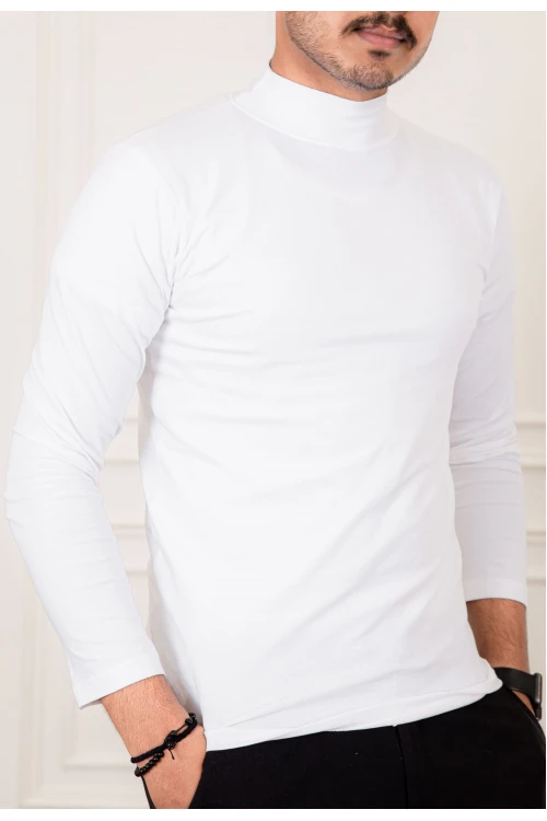 تيشيرت سادة لون أبيض بياقة عالية و أكمام طويلة