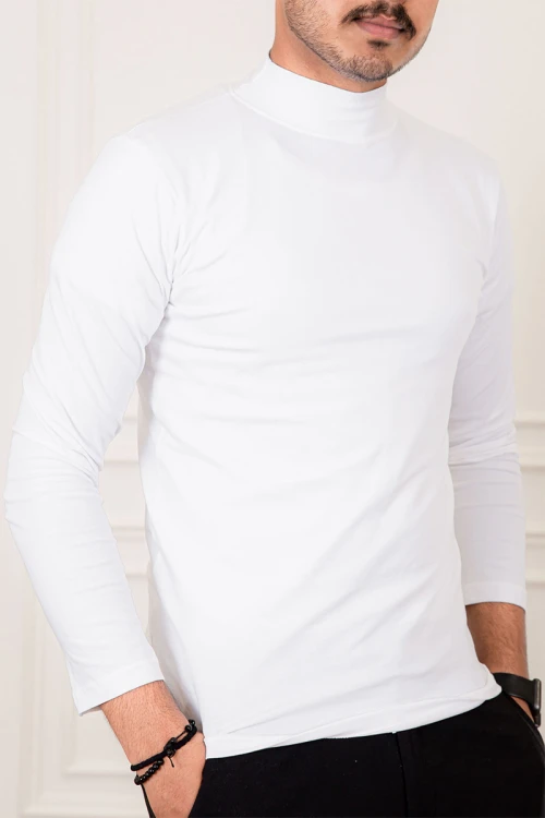 تيشيرت سادة لون أبيض بياقة عالية و أكمام طويلة