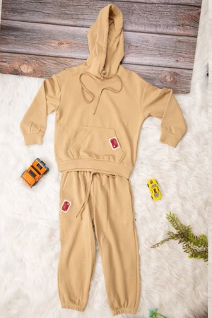 طقم بناتي أنيق قطعتين لون بيج   هودي على الرأس وجيوب من الأمام 