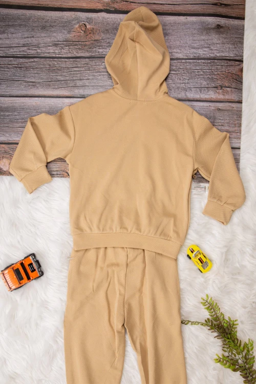 طقم بناتي أنيق قطعتين لون بيج   هودي على الرأس وجيوب من الأمام