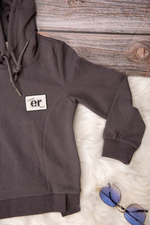 طقم بناتي أنيق قطعتين لون رمادي هودي على الرأس