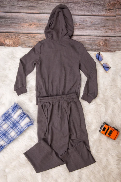 طقم بناتي أنيق قطعتين لون رمادي هودي على الرأس