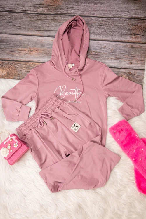 طقم بناتي أنيق قطعتين لون وردي هودي على الرأس