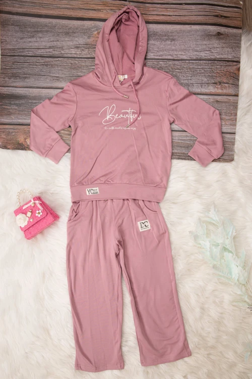 طقم بناتي أنيق قطعتين لون وردي هودي على الرأس