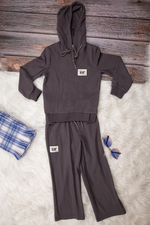 طقم بناتي أنيق قطعتين لون رمادي هودي على الرأس