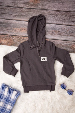 طقم بناتي أنيق قطعتين لون رمادي هودي على الرأس