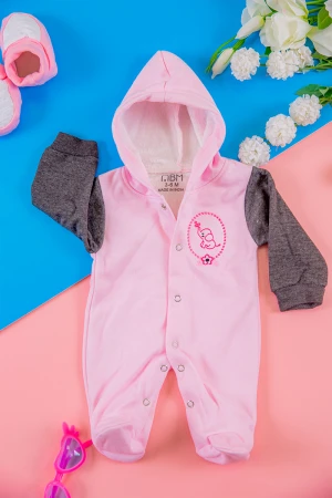 افرول أطفال بناتي شتوي مبطن لون وردي بقبعة رأس متصلة و أزرار من الأمام 