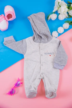 افرول أطفال بناتي شتوي مبطن لون رمادي بقبعة رأس متصلة و أزرار من الأمام 