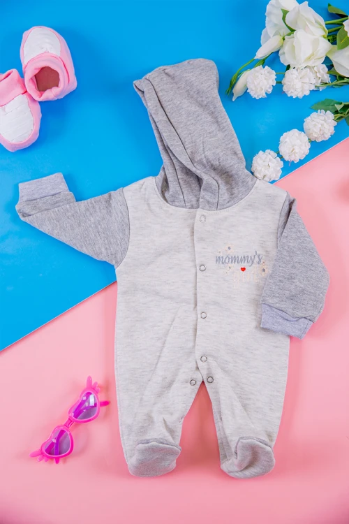 افرول أطفال بناتي شتوي مبطن لون رمادي بقبعة رأس متصلة و أزرار من الأمام