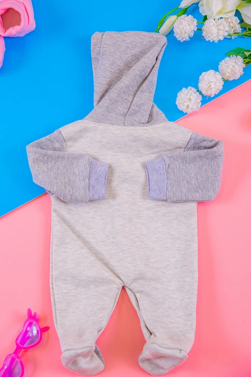 افرول أطفال بناتي شتوي مبطن لون رمادي بقبعة رأس متصلة و أزرار من الأمام