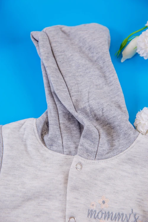 افرول أطفال بناتي شتوي مبطن لون رمادي بقبعة رأس متصلة و أزرار من الأمام