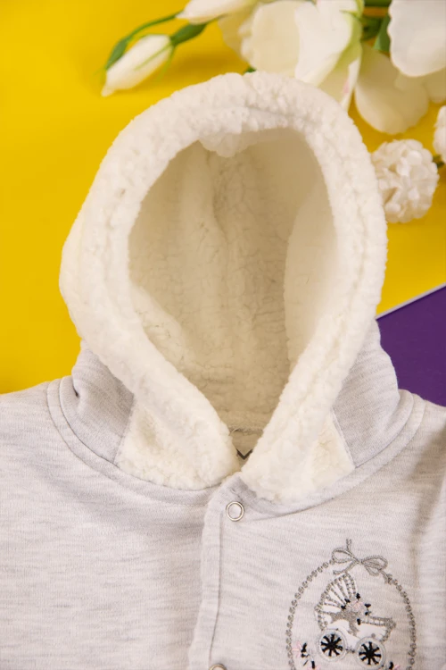 افرول أطفال بناتي شتوي مبطن لون رمادي بقبعة رأس متصلة و أزرار من الأمام