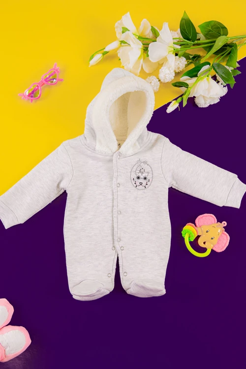 افرول أطفال بناتي شتوي مبطن لون رمادي بقبعة رأس متصلة و أزرار من الأمام