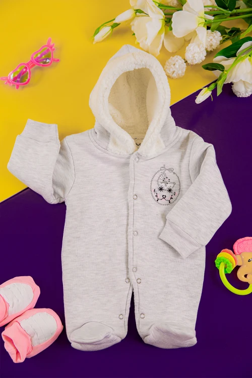 افرول أطفال بناتي شتوي مبطن لون رمادي بقبعة رأس متصلة و أزرار من الأمام