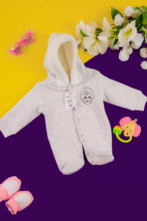 افرول أطفال بناتي شتوي مبطن لون رمادي بقبعة رأس متصلة و أزرار من الأمام