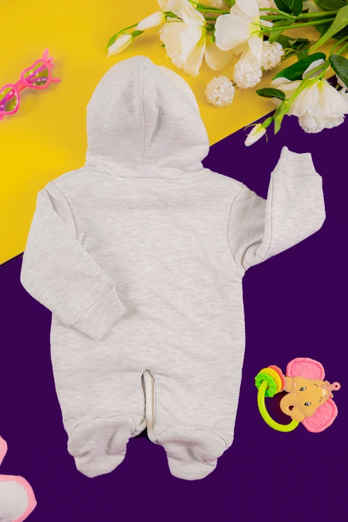 افرول أطفال بناتي شتوي مبطن لون رمادي بقبعة رأس متصلة و أزرار من الأمام