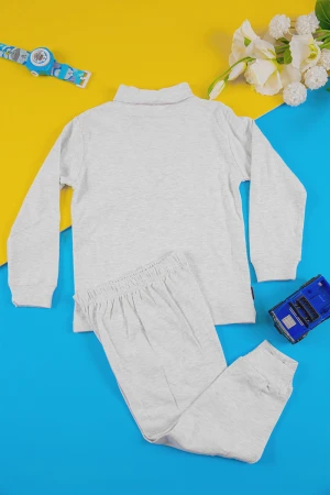 بيجاما اطفال ولادي شتوي قطعتين لون رمادي بأكمام طويلة و ياقة عالية وبنطلون طويل