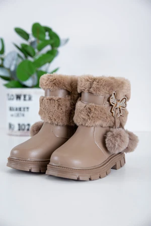 حذاء بوت بناتي شتوي لون بني بطول الكاحل مزين و مبطن بفرو و سحاب جانبي للغلق