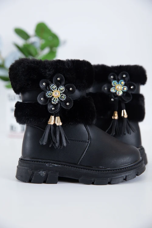 حذاء بوت بناتي شتوي لون أسود بطول الكاحل مزين و مبطن بفرو و سحاب جانبي للغلق